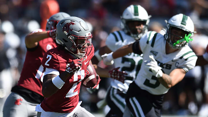 Aug 31, 2024; Pullman, Washington, USA; Washington State Cougars wide receiver Kyle Williams (2) carries the ball for a touchdown against the Portland State Vikings in the second half at Gesa Field at Martin Stadium. Mandatory Credit: James Snook-USA TODAY Sports