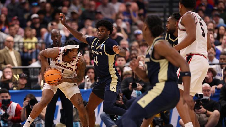 Mar 20, 2026; Tampa, FL, USA; Akron Zips guard Eric Mahaffey (4) defends Texas Tech Red Raiders guard Tyeree Bryan (1) in the second half during a first round game of the men's 2026 NCAA Tournament at Benchmark International Arena. Mandatory Credit: Matt Pendleton-Imagn Images Mar 20, 2026; Tampa, FL, USA; Akron Zips guard Eric Mahaffey (4) defends Texas Tech Red Raiders guard Tyeree Bryan (1) in the second half during a first round game of the men's 2026 NCAA Tournament at Benchmark International Arena. Mandatory Credit: Matt Pendleton-Imagn Images