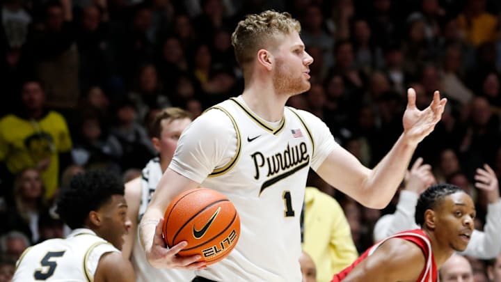 Purdue Boilermakers forward Caleb Furst (1) looks to pass Saturday