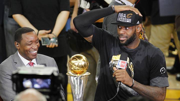 June 19, 2016; Oakland, CA, USA; Cleveland Cavaliers forward LeBron James (23) is interviewed by NBA TV analyst Isiah Thomas following the 93-89 victory against the Golden State Warriors in game seven of the NBA Finals at Oracle Arena. Mandatory Credit: Cary Edmondson-Imagn Images
June 19, 2016; Oakland, CA, USA; Cleveland Cavaliers forward LeBron James (23) is interviewed by NBA TV analyst Isiah Thomas following the 93-89 victory against the Golden State Warriors in game seven of the NBA Finals at Oracle Arena. Mandatory Credit: Cary Edmondson-Imagn Images