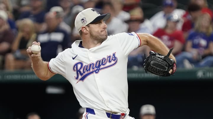 Jul 4, 2024; Arlington, Texas, USA;   Texas Rangers pitcher Max Scherzer (31) throws to the plate during the first inning against the San Diego Padres at Globe Life Field. Mandatory Credit: Raymond Carlin III-USA TODAY Sports