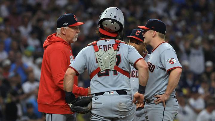 Oct 13, 2026; St. Petersburg, Florida, USA;  Cleveland Guardians pitching coach Carl Willis (51) visits pitcher Parker Messick (77) on the mound during the fourth inning against the Tampa Bay Rays in game two of the ALCS for the 2026 MLB Playoffs at Tropicana Field.  Mandatory Credit: Kim Klement Neitzel-Imagn Images