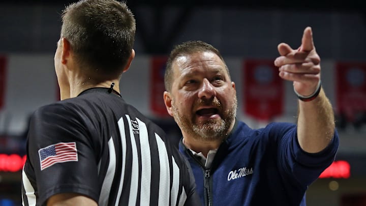 Nov 21, 2024; Oxford, Mississippi, USA; Mississippi Rebels head coach Chris Beard reacts toward an official during the second half against the Oral Roberts Golden Eagles at The Sandy and John Black Pavilion at Ole Miss. Mandatory Credit: Petre Thomas-Imagn Images Nov 21, 2024; Oxford, Mississippi, USA; Mississippi Rebels head coach Chris Beard reacts toward an official during the second half against the Oral Roberts Golden Eagles at The Sandy and John Black Pavilion at Ole Miss. Mandatory Credit: Petre Thomas-Imagn Images