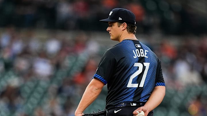 Detroit Tigers pitcher Jackson Jobe (21) looks before throwing against Kansas City Royals during the second inning at Comerica Park in Detroit on Friday, April 18, 2025