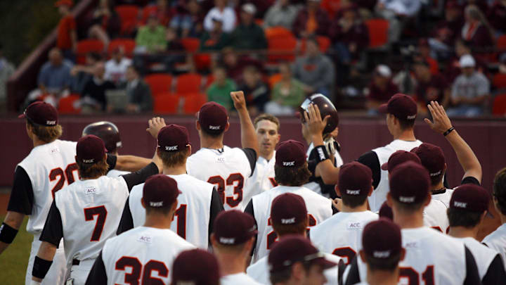 Apr. 20, 2007; Blacksburg, VA, USA; Virginia Tech Hokies players celebrate scoring a run during their matchup against the Miami Hurricanes at English Field. Mandatory Credit: Geoff Burke-Imagn Images Copyright © 2007 Geoff Burke Apr. 20, 2007; Blacksburg, VA, USA; Virginia Tech Hokies players celebrate scoring a run during their matchup against the Miami Hurricanes at English Field. Mandatory Credit: Geoff Burke-Imagn Images Copyright © 2007 Geoff Burke