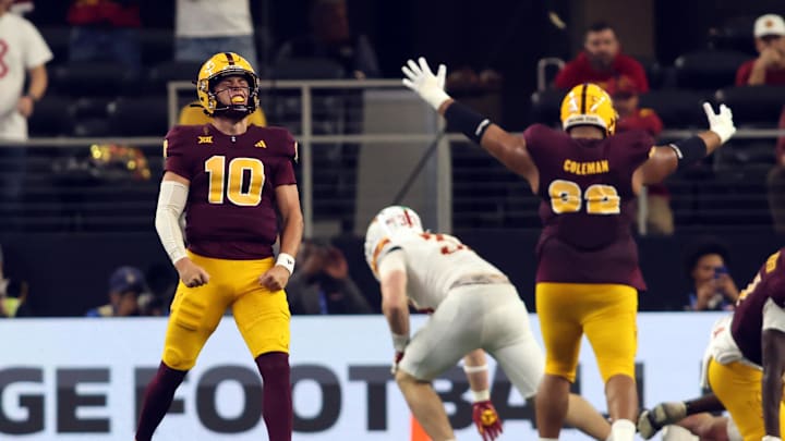 Dec 7, 2024; Arlington, TX, USA; Arizona State Sun Devils quarterback Sam Leavitt (10) reacts after a touchdown against the Iowa State Cyclones in the second half at AT&T Stadium. Mandatory Credit: Tim Heitman-Imagn Images