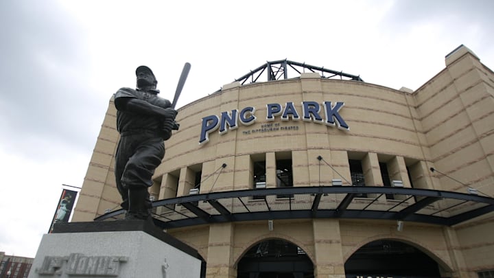 Apr 9, 2007; Pittsburgh, PA, USA; A statue of Honus Wagner stands outside of PNC Park before the Pittsburgh Pirates and St. Louis Cardinals game during Opening Day in Pittsburgh, PA. Mandatory Credit: Jason Bridge-Imagn Images Copyright (c) 2007 Jason Bridge