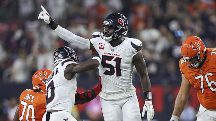 Sep 15, 2024; Houston, Texas, USA; Houston Texans defensive end Will Anderson Jr. (51) reacts after a play during the game against the Chicago Bears at NRG Stadium. Mandatory Credit: Troy Taormina-Imagn Images