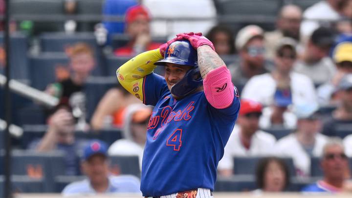 Jun 28, 2026; New York City, New York, USA; New York Mets catcher Francisco Alvarez (4) reacts after striking out against the Philadelphia Phillies during the fourth inning at Citi Field. Mandatory Credit: John Jones-Imagn Images
