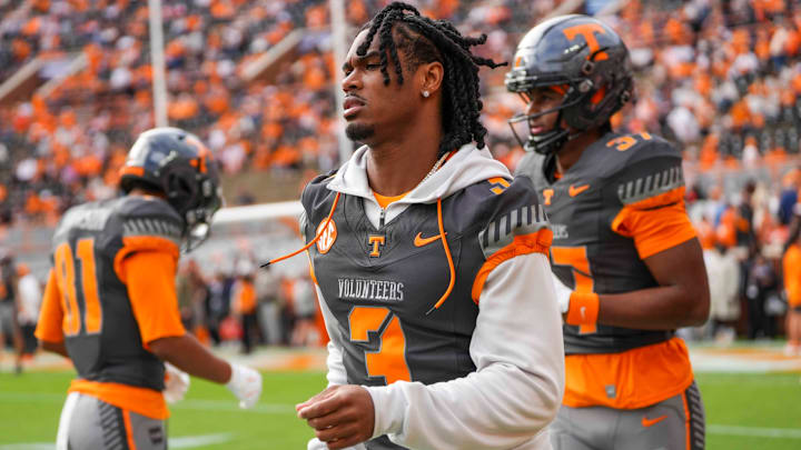 Tennessee defensive back Jermod McCoy (3) jogs during warm-ups before a NCAA football game between Tennessee Volunteers and New Mexico State Aggies at Neyland Stadium in Knoxville, Tenn., on Nov. 15, 2025.