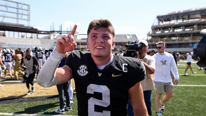 Aug 31, 2024; Nashville, Tennessee, USA;  Vanderbilt Commodores quarterback Diego Pavia (2) celebrates the win against the Virginia Tech Hokies at FirstBank Stadium. Mandatory Credit: Steve Roberts-USA TODAY Sports