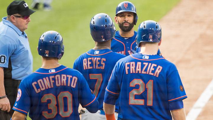 Aug 16, 2018; Philadelphia, PA, USA; New York Mets right fielder Jose Bautista (11) is greeted at home plate by left fielder Michael Conforto (30) and shortstop Jose Reyes (7) and third baseman Todd Frazier (21) after hitting a grand slam during the fifth inning Philadelphia Phillies at Citizens Bank Park. Mandatory Credit: Bill Streicher-Imagn Images Aug 16, 2018; Philadelphia, PA, USA; New York Mets right fielder Jose Bautista (11) is greeted at home plate by left fielder Michael Conforto (30) and shortstop Jose Reyes (7) and third baseman Todd Frazier (21) after hitting a grand slam during the fifth inning Philadelphia Phillies at Citizens Bank Park. Mandatory Credit: Bill Streicher-Imagn Images