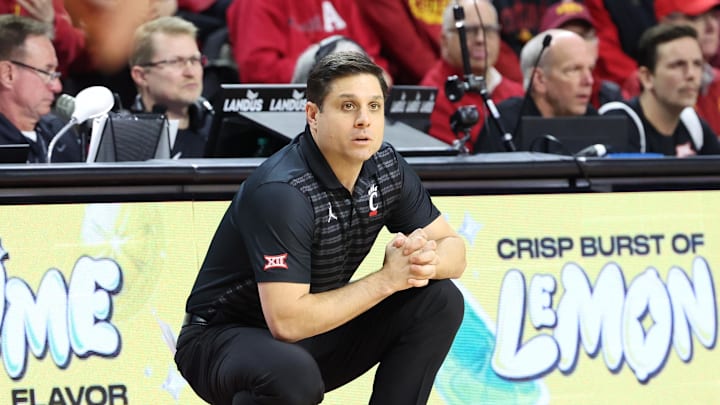 Feb 15, 2025; Ames, Iowa, USA; Cincinnati Bearcats head coach Wes Miller watches his team play the Iowa State Cyclones during the first half at James H. Hilton Coliseum. Mandatory Credit: Reese Strickland-Imagn Images
