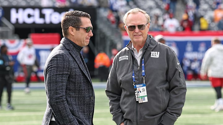 Nov 24, 2024; East Rutherford, New Jersey, USA; New York Giants owner John Mara, left, and New York Giants general manager Joe Schoen on the field before the game between the Giants and the Tampa Bay Buccaneers at MetLife Stadium. Nov 24, 2024; East Rutherford, New Jersey, USA; New York Giants owner John Mara, left, and New York Giants general manager Joe Schoen on the field before the game between the Giants and the Tampa Bay Buccaneers at MetLife Stadium.