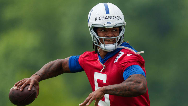 Indianapolis Colts quarterback Anthony Richardson (5) works through passing drills Wednesday, June 14, 2023, during mandatory minicamp at the Indiana Farm Bureau Football Center in Indianapolis.