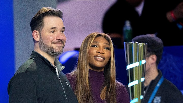 Serena Williams and her husband, Reddit co-founder Alexis Ohanian, co-own the Los Angeles Golf Club, and watch their team play against Boston Common Golf during a TGL match at the SoFi Center on February 4, 2025, in Palm Beach Gardens, Florida.