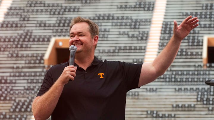Tennessee head football coach Josh Heupel speaks while Pilot employees and family members attend the Pilot team celebration at Neyland Stadium preserved by Pilot on Tuesday, August, 2024. Tennessee head football coach Josh Heupel speaks while Pilot employees and family members attend the Pilot team celebration at Neyland Stadium preserved by Pilot on Tuesday, August, 2024.