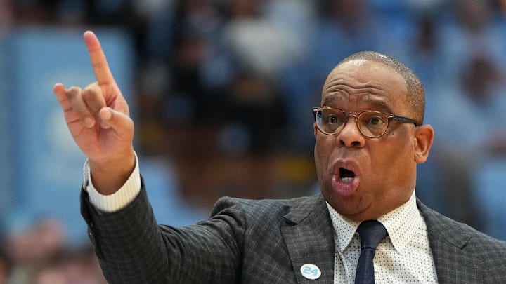 Feb 14, 2026; Chapel Hill, North Carolina, USA; North Carolina Tar Heels head coach Hubert Davis reacts in the second half at Dean E. Smith Center. Mandatory Credit: Bob Donnan-Imagn Images