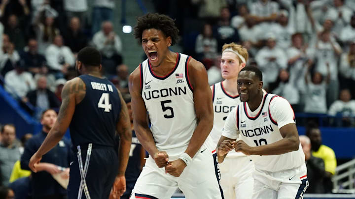 Dec 18, 2024; Storrs, Connecticut, USA; UConn Huskies center Tarris Reed Jr. (5) reacts after a play against the Xavier Musketeers in the second half at Harry A. Gampel Pavilion. Mandatory Credit: David Butler II-Imagn Images