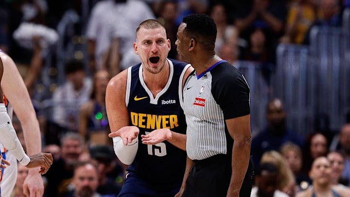May 11, 2025; Denver, Colorado, USA; Denver Nuggets center Nikola Jokic (15) reacts towards referee Sean Wright (4) after a play in the second quarter against the Oklahoma City Thunder during game four of the second round of the 2025 NBA Playoffs at Ball Arena. Mandatory Credit: Isaiah J. Downing-Imagn Images May 11, 2025; Denver, Colorado, USA; Denver Nuggets center Nikola Jokic (15) reacts towards referee Sean Wright (4) after a play in the second quarter against the Oklahoma City Thunder during game four of the second round of the 2025 NBA Playoffs at Ball Arena. Mandatory Credit: Isaiah J. Downing-Imagn Images