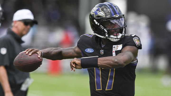Jul 27, 2024; Owings Mill , MD, USA; Baltimore Ravens quarterback Josh Johnson (17) throws during the afternoon session of training camp at the Under Armour Performance Center,  Mandatory Credit: Tommy Gilligan-USA TODAY Sports