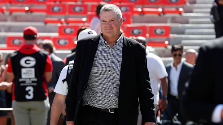 Georgia Offensive Line Coach Stacy Searels enters Sanford Stadium during the Dawg Walk before the start of a NCAA college football game against Tennessee Martin in Athens, Ga., on Saturday, Sept. 2, 2023.