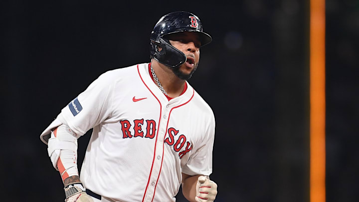 Jul 29, 2024; Boston, Massachusetts, USA; Boston Red Sox first baseman Dominic Smith (2) runs out the bases after hitting a home run against the Seattle Mariners during the fifth inning at Fenway Park. Mandatory Credit: Eric Canha-Imagn Images