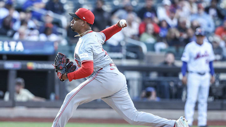 Sep 8, 2024; New York City, New York, USA;  Cincinnati Reds relief pitcher Alexis Diaz (43) pitches in the ninth inning against the New York Mets at Citi Field. Mandatory Credit: Wendell Cruz-Imagn Images