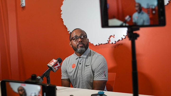 Clemson cornerbacks coach Mike Reed speaks during Clemson football media day at the Poe Indoor Facility in Clemson, SC Tuesday, July 15, 2025.