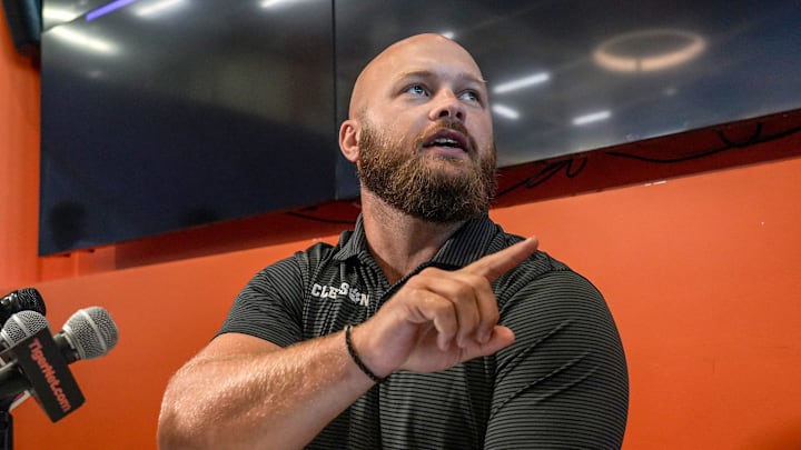 Clemson linebackers coach Ben Boulware talks with media during Clemson football media day at the Poe Indoor Facility in Clemson, SC Tuesday, July 15, 2025.