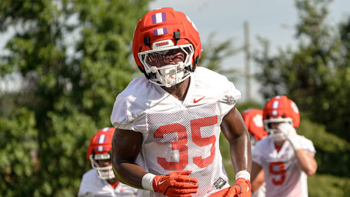 Clemson defensive end Jeremiah Alexander (35) during Clemson football first fall 2025 practice at the Allen N. Reeves Football Complex in Clemson, S.C. Thursday, July 31, 2025.
