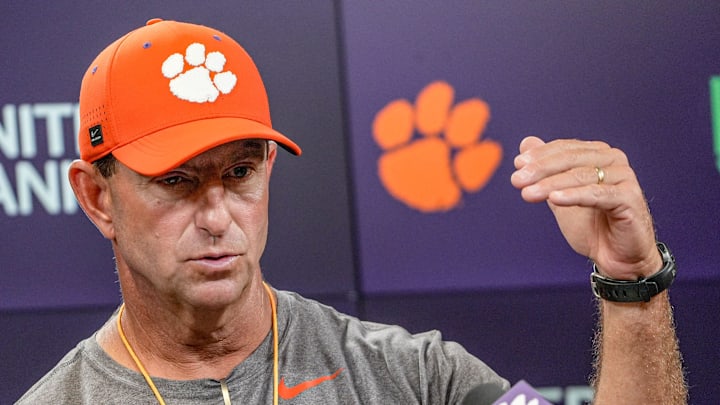 Clemson Head Coach Dabo Swinney talks with media after practice at Jersey Meadows in Clemson, S.C. Thursday, August 6, 2025.