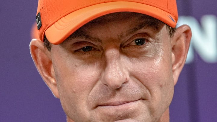 Clemson Head Coach Dabo Swinney talks with media after practice in Clemson, S.C. Wednesday, August 6, 2025.