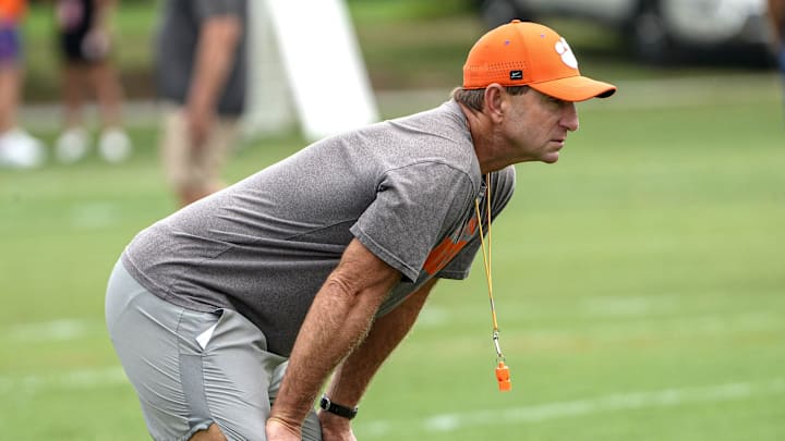Clemson head coach Dabo Swinney during Clemson football 2025 practice at Jervey Meadows in Clemson, S.C. Wednesday, August 6, 2025.