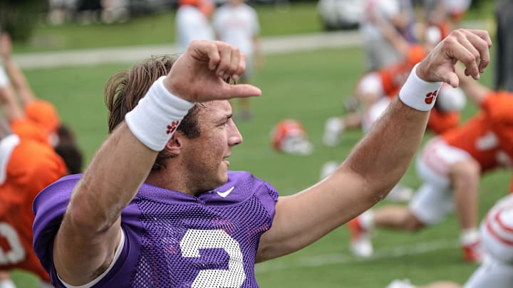 Clemson quarterback Cade Klubnik (2) warms up during Clemson football 2025 practice at Jervey Meadows in Clemson, S.C. Wednesday, August 6, 2025.