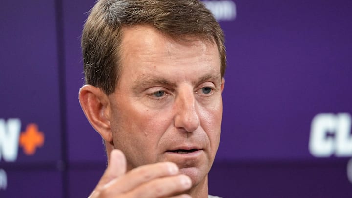 Clemson head coach Dabo Swinney talks with media in the Smart Family Media Center in Clemson, Thursday, July 31, 2025.
