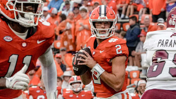 Clemson quarterback Cade Klubnik (2) passes against Troy during the second quarter at Memorial Stadium in Clemson, S.C. Saturday, September 6, 2025.