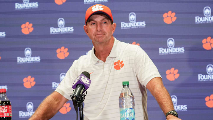 Clemson head coach Dabo Swinney talks with media after the game at Memorial Stadium Saturday, September 6, 2025 in Clemson, S.C.