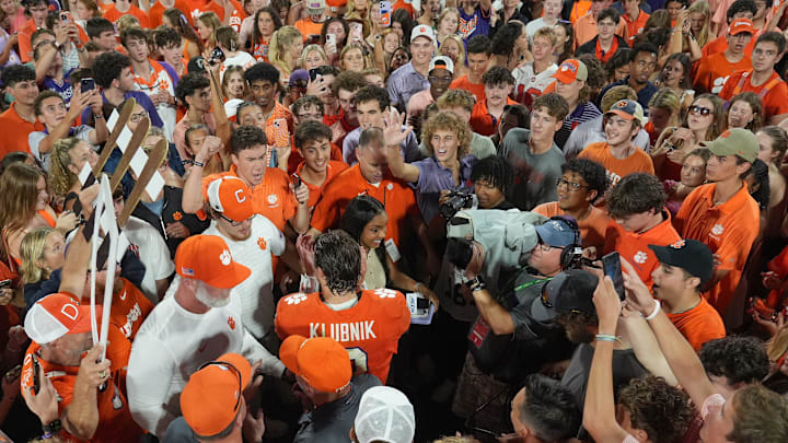 Clemson quarterback Cade Klubnik (2) celebrates with fans after the game at Memorial Stadium Saturday, September 6, 2025 in Clemson, S.C.