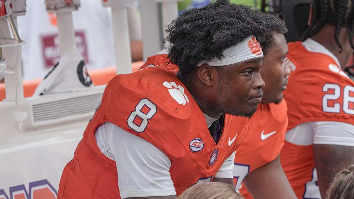 Sep 20, 2025; Clemson, South Carolina, USA; Clemson running back Adam Randall (8) sits on the bench at the end of the third quarter against the Syracuse Orange at Memorial Stadium. Mandatory Credit: Ken Ruinard/GREENVILLE NEWS-USA TODAY Network via Imagn Images