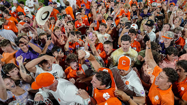 Clemson quarterback Cade Klubnik (2) celebrates with fans after the game at Memorial Stadium Saturday, September 6, 2025 in Clemson, S.C.