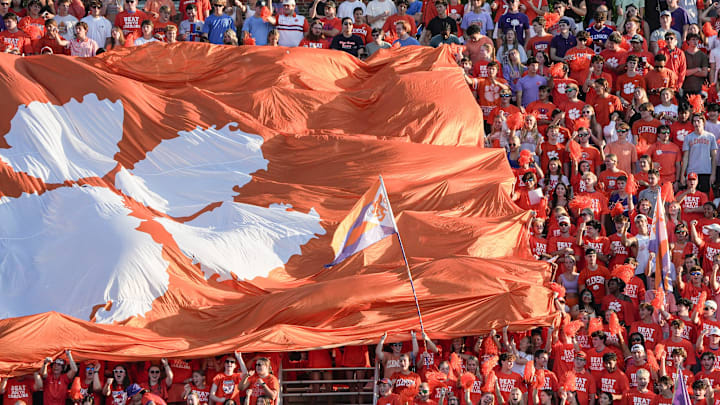 Clemson fans wave a Tiger flag before the start of men's soccer game with University of South Carolina at Historic Riggs Field in Clemson, S.C. Tuesday, August 26, 2025.