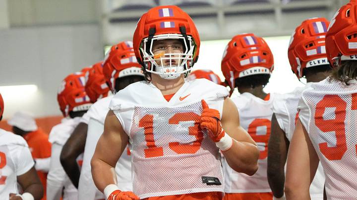 Clemson defensive end Will Heldt (13) in a running drill during Clemson football first fall 2025 practice at the Allen N. Reeves Football Complex in Clemson, S.C. Thursday, July 31, 2025.