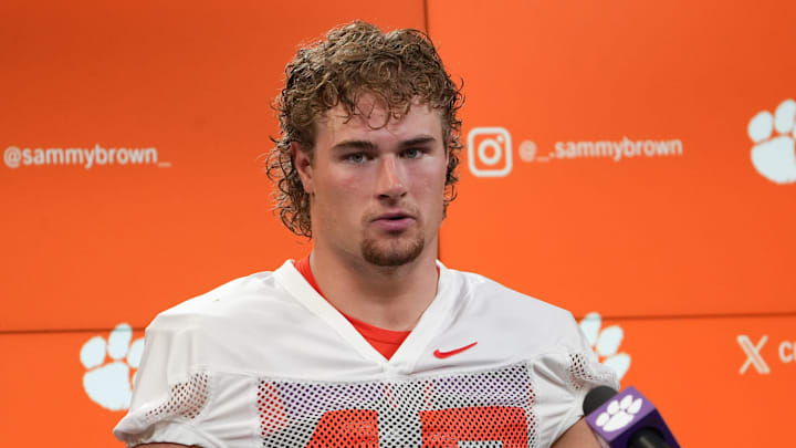 Clemson linebacker Sammy Brown speaks during Clemson football first summer 2025 practice at the Allen N. Reeves Football Complex in Clemson, S.C. Thursday, July 31, 2025.