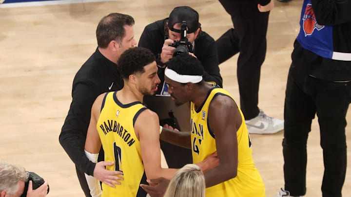 May 23, 2025; New York, New York, USA; Indiana Pacers guard Tyrese Haliburton (0) and forward Pascal Siakam (43) embrace after defeating the New York Knicks in game two of the eastern conference finals for the 2025 NBA Playoffs at Madison Square Garden. Mandatory Credit: Vincent Carchietta-Imagn Images