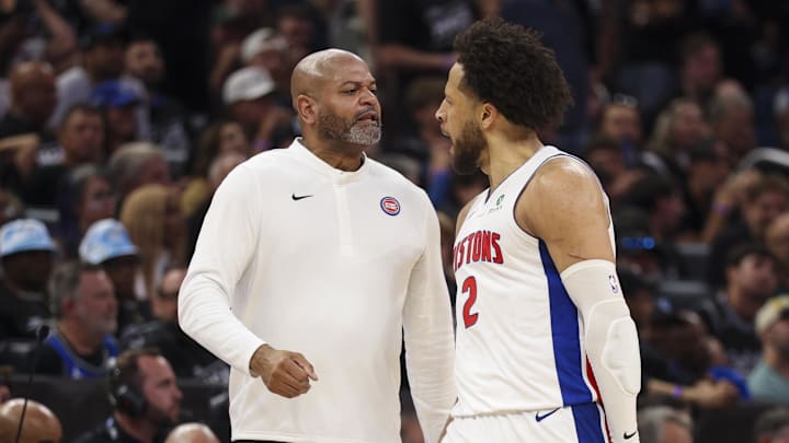 Apr 25, 2026; Orlando, Florida, USA; Detroit Pistons guard Cade Cunningham (2) reacts to a basket with head coach J.B. Bickerstaff against the Orlando Magic in the fourth quarter during game three of the first round of the 2026 NBA Playoffs at Kia Center. Mandatory Credit: Nathan Ray Seebeck-Imagn Images