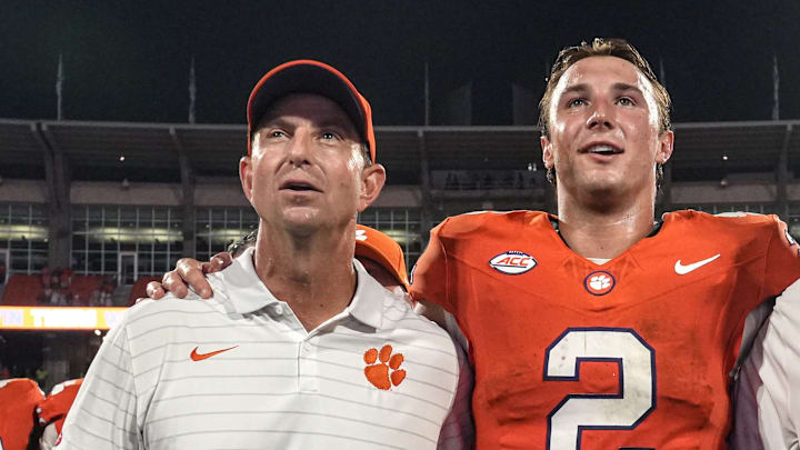 Clemson head coach Dabo Swinney, left, and quarterback Cade Klubnik (2) after the game with Troy at Memorial Stadium Saturday, September 6, 2025 in Clemson, S.C.