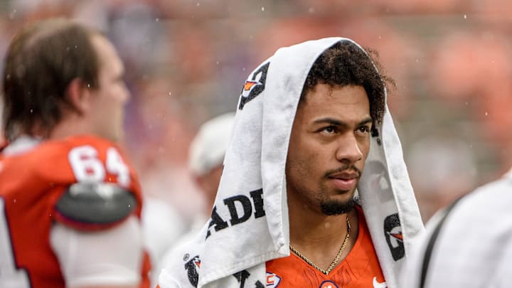 Clemson wide receiver Antonio Williams(0) watches the Tigers play Troy from the sidelines during the second quarter at Memorial Stadium in Clemson, S.C. Saturday, September 6, 2025.