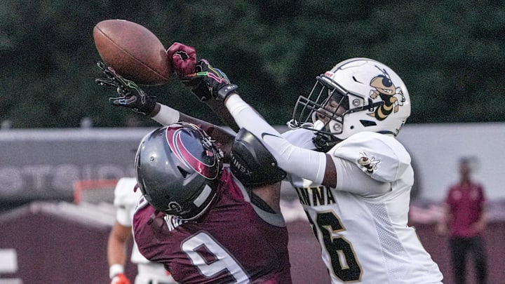 T.L. Hanna High sophomore Demiyus Thomas (26) breaks up a pass for Westside High freshman Jae White (9) during the first quarter at Westside Stadium in Anderson, S.C. Friday, September 5, 2025.