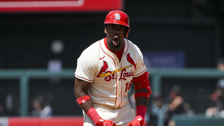 May 24, 2025; St. Louis, Missouri, USA;  St. Louis Cardinals right fielder Jordan Walker (18) reacts after hitting a two run double against the Arizona Diamondbacks during the seventh inning at Busch Stadium. Mandatory Credit: Jeff Curry-Imagn Images